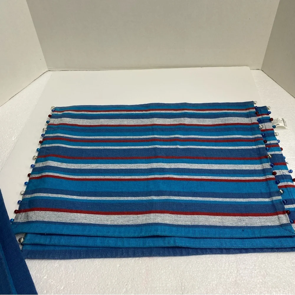 Pier 1 Imports Striped Tapestry Placemats set of 6 Beaded blues red gray Casual
